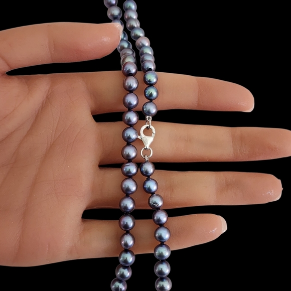 Peacock Blue Pearl Necklace 925 Sterling Silver Clasp Hand Knotted A0039 - Picture 10 of 15